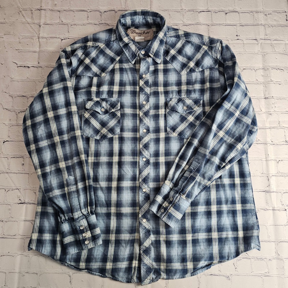 Wrangler Wrancher Western Plaid Snap Button Long Sleeve Shirt Blue XL